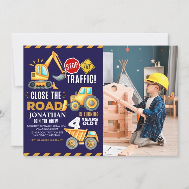 Convite Construction Party for 4th Birthday Boy (Frente)