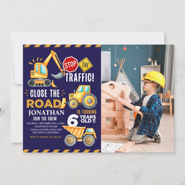 Convite Construction Party for 6th Birthday Boy (Frente)