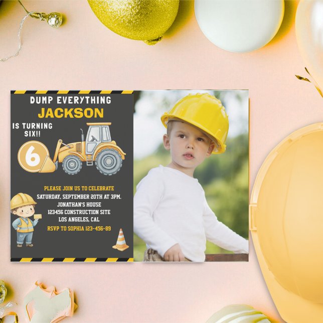 Convite Construction Photo Birthday Invitation Turning 6 (Criador carregado)