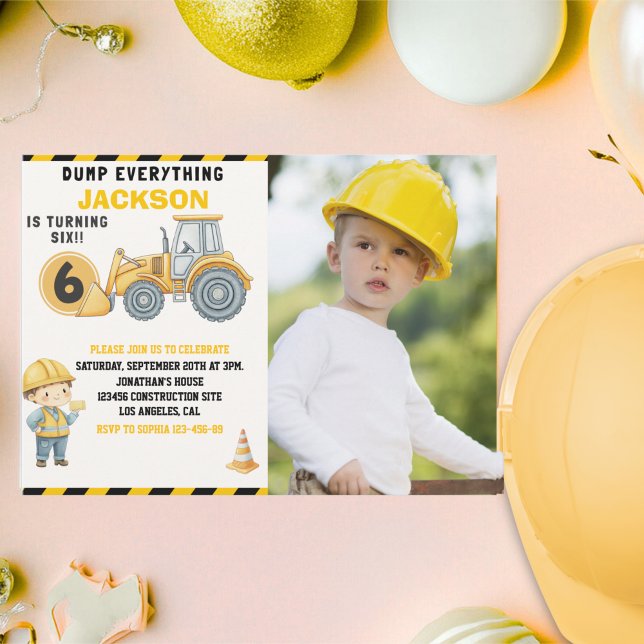 Convite Construction Photo Birthday Turning 6 yellow (Criador carregado)