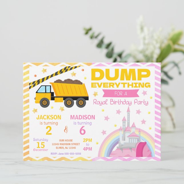 Convite Construction & Princess Joint Birthday Invitation (Em pé/Frente)