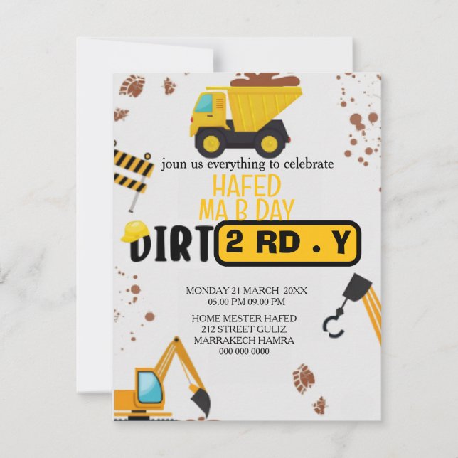 Convite Construction Theme 3rd Birthday Invitation Dirty 3 (Frente)
