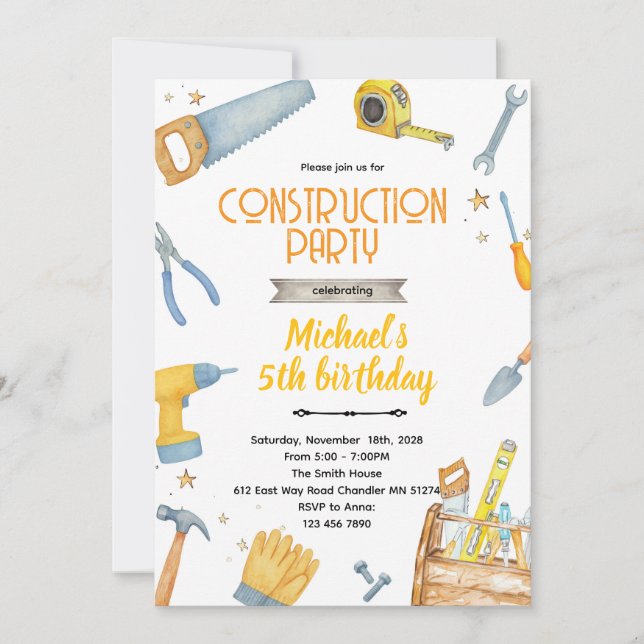 Convite Construction Tools theme invitation (Frente)