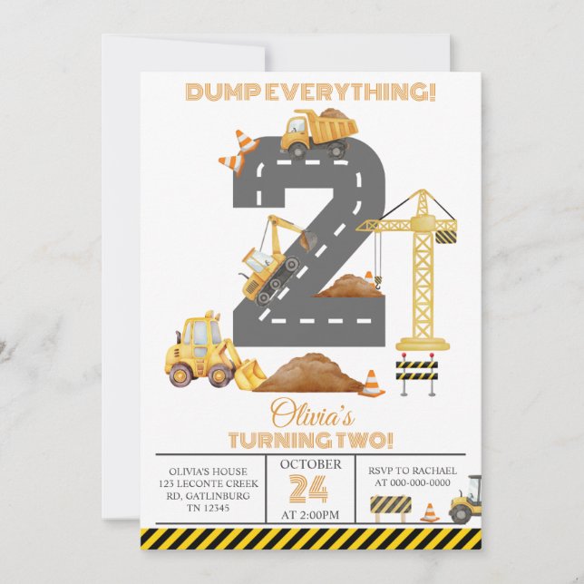 Convite Construction Truck 2nd Birthday Invitation (Frente)
