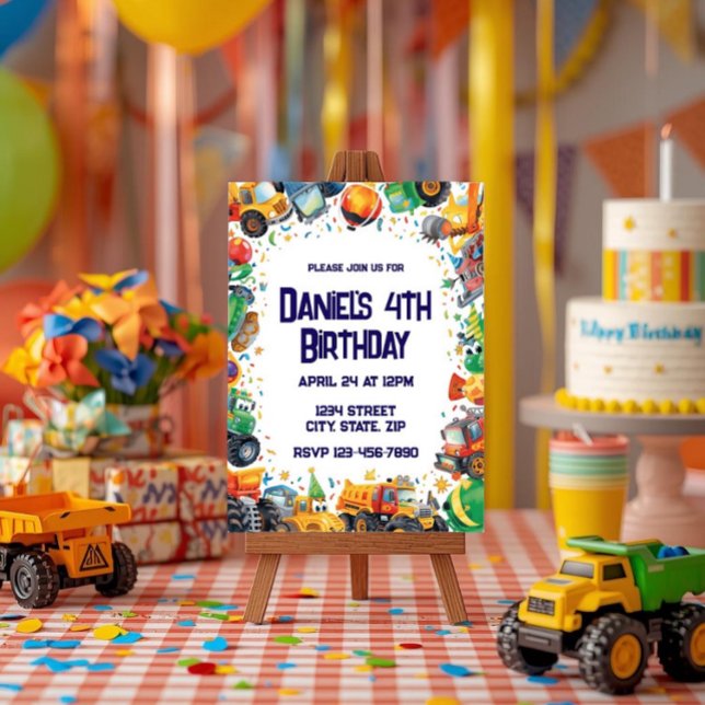 Convite Construction Truck Birthday Invitation Watercolor (Criador carregado)