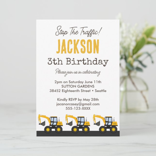 Convite Construction Truck Birthday | Personalized Décor (Em pé/Frente)