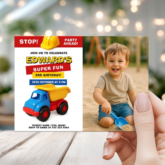 Convite Construction Truck Birthday with photo (Criador carregado)