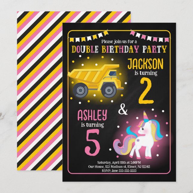 Convite Construction Truck Unicorn Siblings Joint Birthday (Frente/Verso)