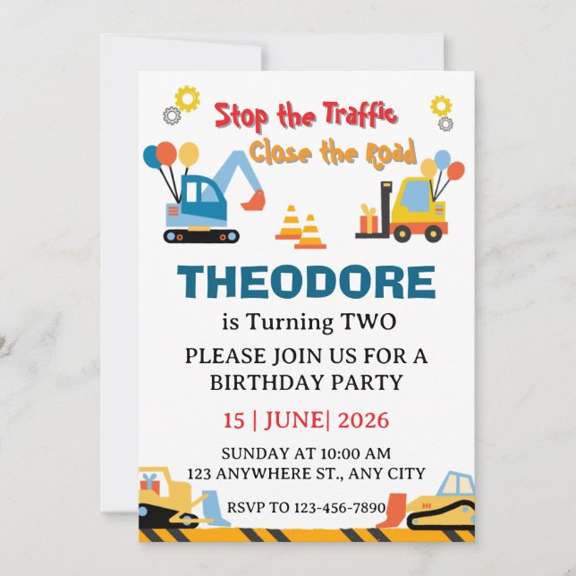 Convite Construction Truck Vehicles Boys 2nd Birthday (Frente)