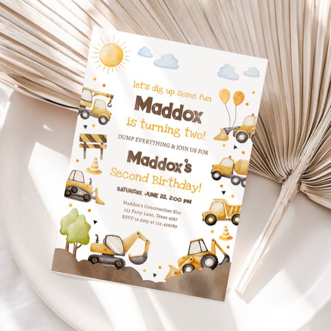 Convite Construction Trucks Boy 2nd Second Birthday (Criador carregado)