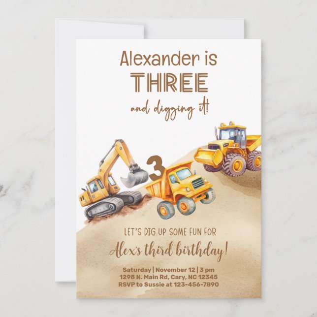 Convite Construction trucks boy birthday invitation. (Frente)