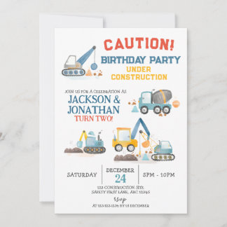 Convite Construction Trucks, Twin Boys Birthday Party