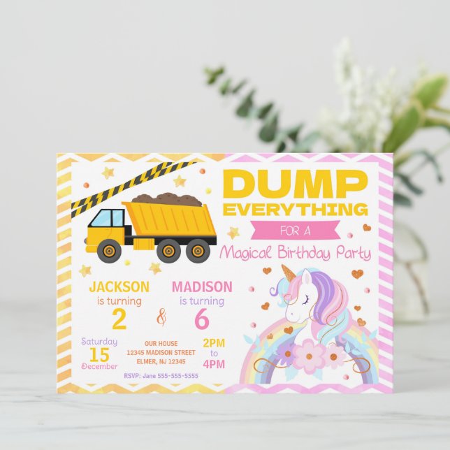 Convite Construction & Unicorn Joint Birthday Invitation (Em pé/Frente)