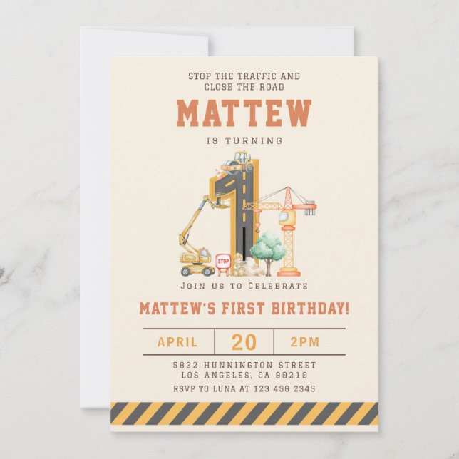 Convite Construction Vehicles 1st Birthday Invitation (Frente)