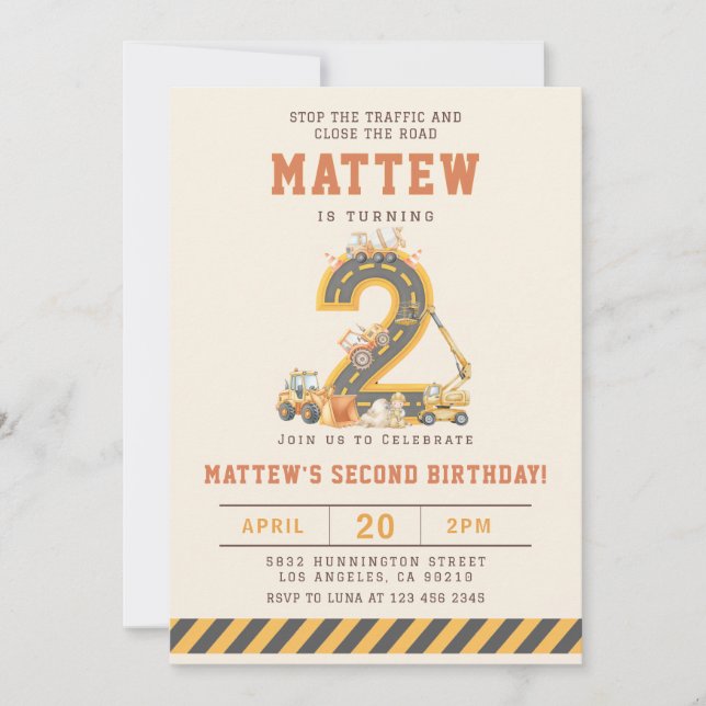 Convite Construction Vehicles 2nd Birthday Invitation (Frente)