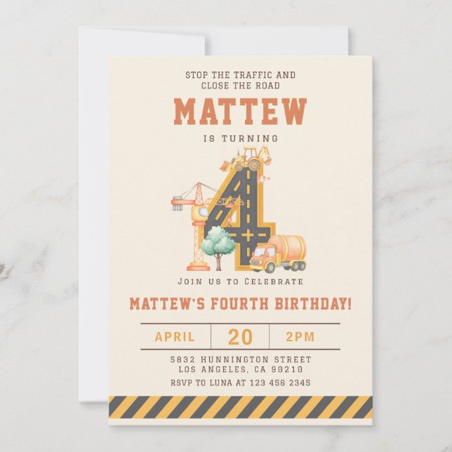 Convite Construction Vehicles 4th Birthday Invitation (Frente)