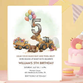 Convite Construction Vehicles 5th Birthday Invitation
