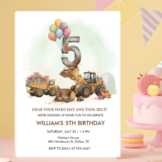 Convite Construction Vehicles 5th Birthday Invitation  (Criador carregado)