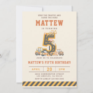 Convite Construction Vehicles 5th Birthday Invitation
