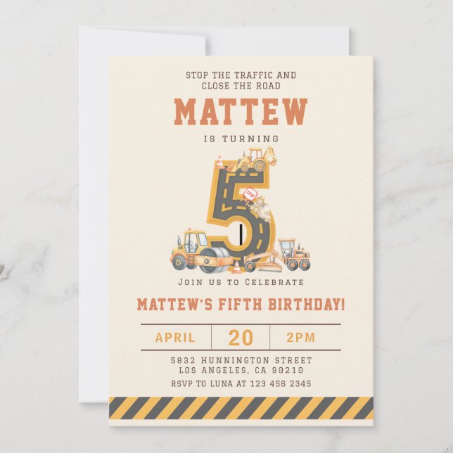 Convite Construction Vehicles 5th Birthday Invitation (Frente)