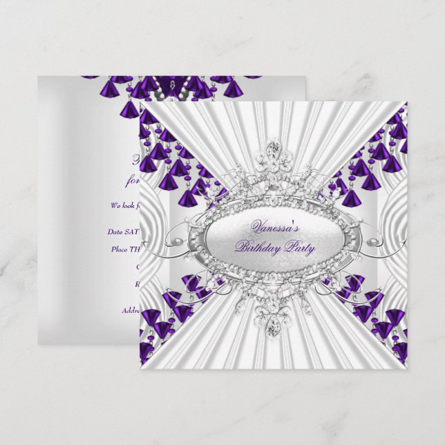 Convite Conta de Diamante Branco Roxo Real Festa de Aniver (Frente/Verso)