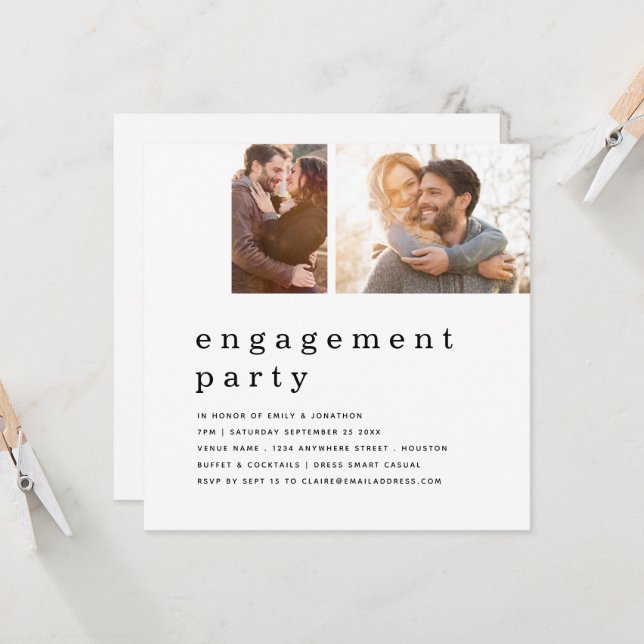 Convite Contemporary 2 Photo Grid Engagement Party Square (Frente/Verso In Situ)