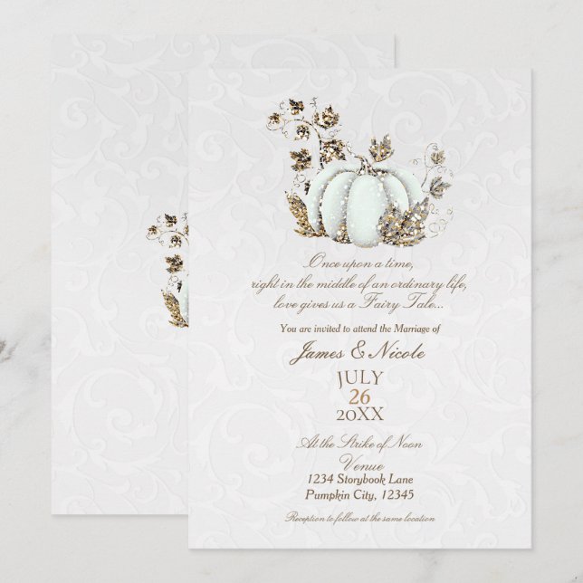 Convite Conto de Fadas Casamento Abóbora Branca Dourada (Frente/Verso)