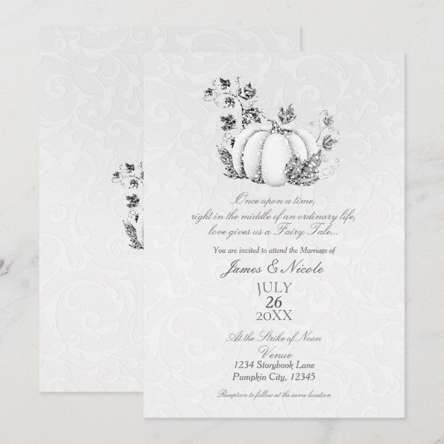 Convite Conto de Fadas Casamento Abóbora Prata Branco Livr (Frente/Verso)