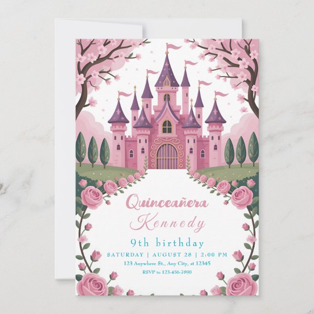 Convite Conto de Fadas Castelo Rosa Princesa Aniversário (Frente)