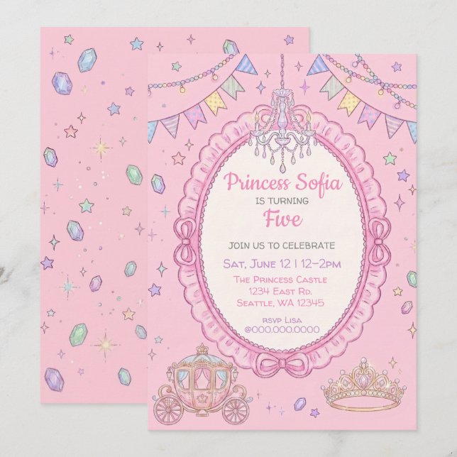 Convite Conto de Fadas Chique Rosa Princesa Aniversário (Frente/Verso)
