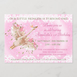 Convite Conto de Fadas Cisne Rosa Floral e Renda Aniversár