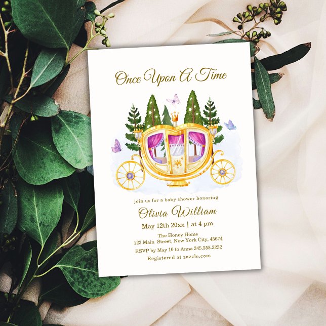 Convite Conto de Fadas da Floresta Princesa Carruagem Chá  (Woodland Fairytale Princess Carriage Baby Shower Invitation)