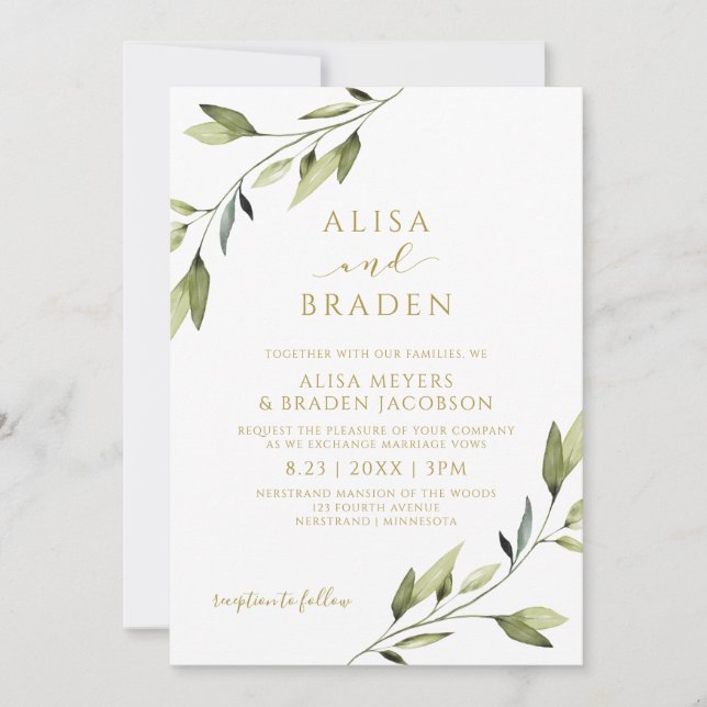 Convite Conto de Fadas de Casamento Folhagem Dourada Aquar (Frente)