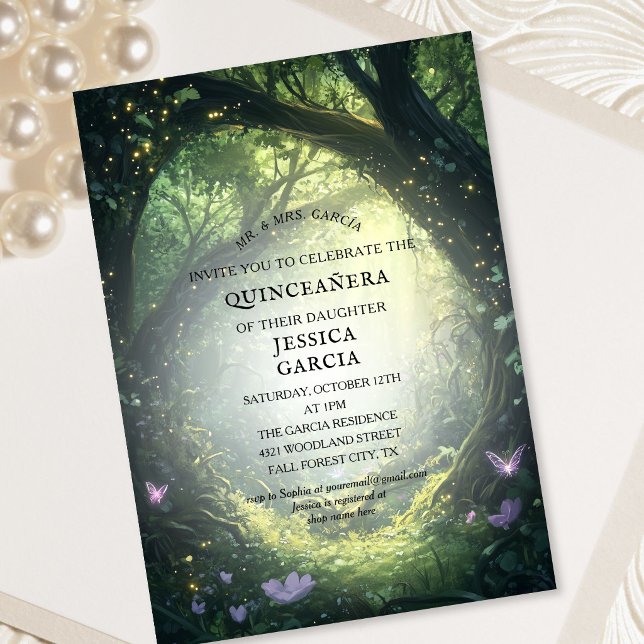 Convite Conto de Fadas de Verão Floresta Encantada  Quince (Summer Fairy Tale Enchanted Forest Quinceañera Invitation)
