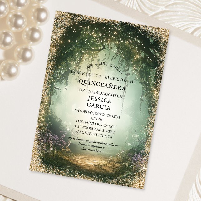 Convite Conto de Fadas de Verão Floresta Encantada  Quince (Summer Fairy Tale Enchanted Forest Quinceañera Invitation)