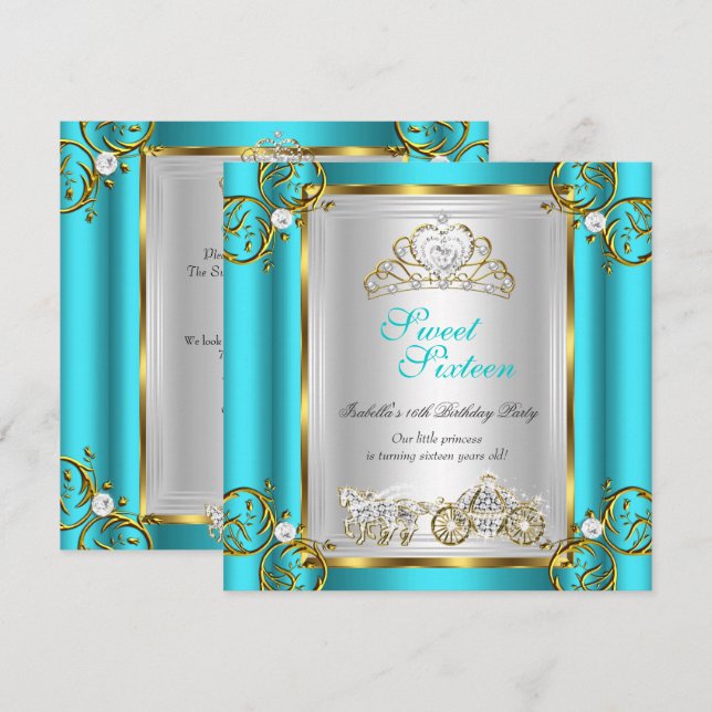 Convite Conto de Fadas Doce 16 16º Aniversário Turquesa Ve (Frente/Verso)