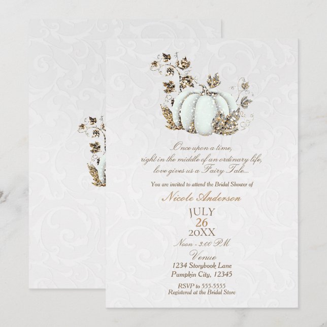 Convite Conto de Fadas Dourado Branco Abóbora Casamento de (Frente/Verso)