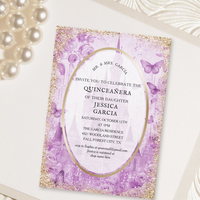 Convite Conto de Fadas Floresta Encantada  Castelo Quincea (Fairytale Enchanted Forest Castle Quinceañera Invitation)