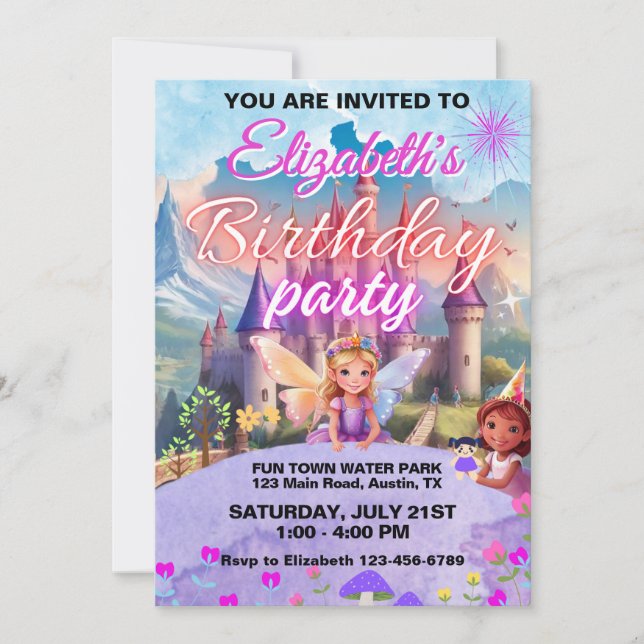 Convite Conto de Fadas Mágico Aniversário de Meninas (Frente)