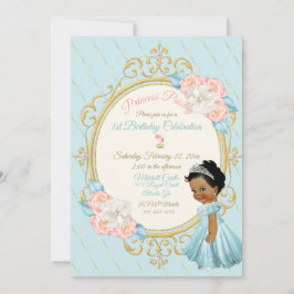 Convite Conto de Fadas Princesa Real Rosa Aqua Menina Étni