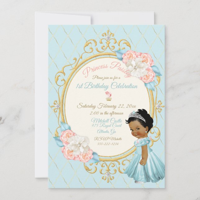 Convite Conto de Fadas Princesa Real Rosa Aqua Menina Étni (Frente)