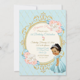 Convite Conto de Fadas Princesa Real Rosa Aqua Menina Étni