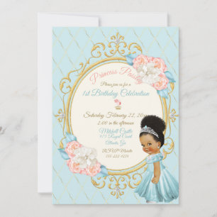 Convite Conto de Fadas Princesa Real Rosa Aqua Menina Étni