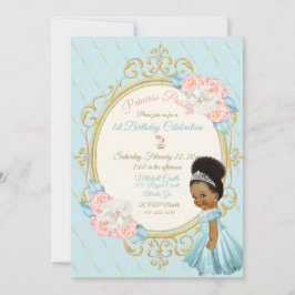 Convite Conto de Fadas Princesa Real Rosa Aqua Menina Étni