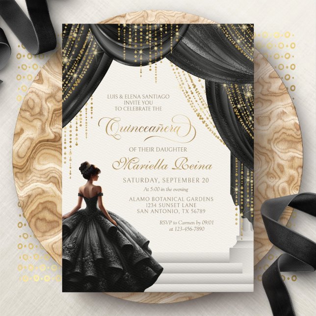 Convite Conto de Fadas Real Preto Moderno Quinceanera (Criador carregado)