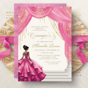 Convite Conto de Fadas Real Quinceanera Rosa Quente