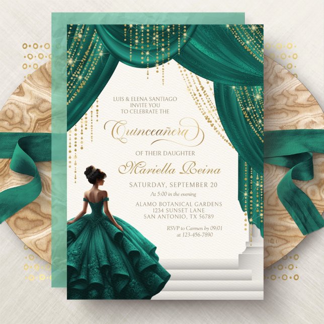 Convite Conto de Fadas Real Verde Moderno Quinceanera (Criador carregado)