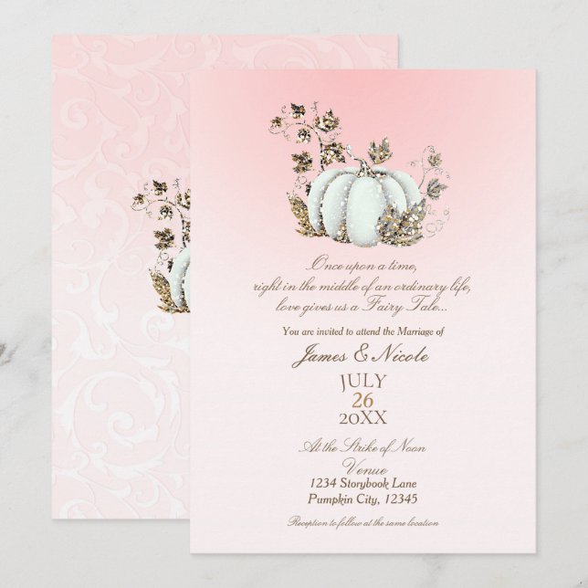 Convite Conto de Fadas Rosa e Branco Casamento de Abóbora (Frente/Verso)