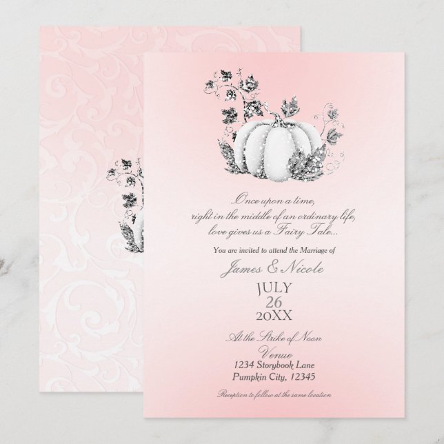 Convite Conto de Fadas Rosa e Prata Casamento de Abóbora (Frente/Verso)