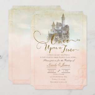 Convite Conto de Fadas Sonhador Rosa Castelo de Casamento